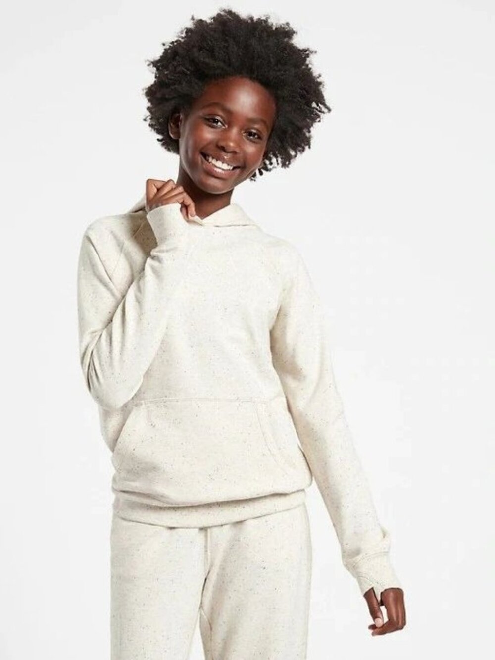 Athleta Girl In Your Element Textured Hoodie in Oatmeal Speckled, Size 12